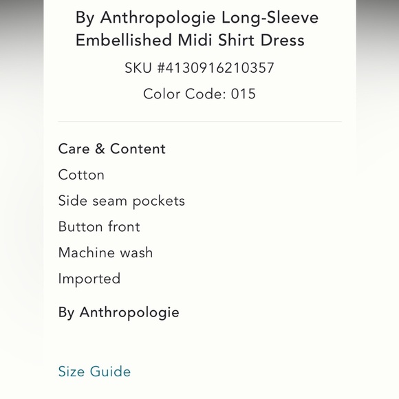 Anthropologie NWT Long-Sleeve Embellished Midi Shirt Dress size S. - Picture 7 of 16